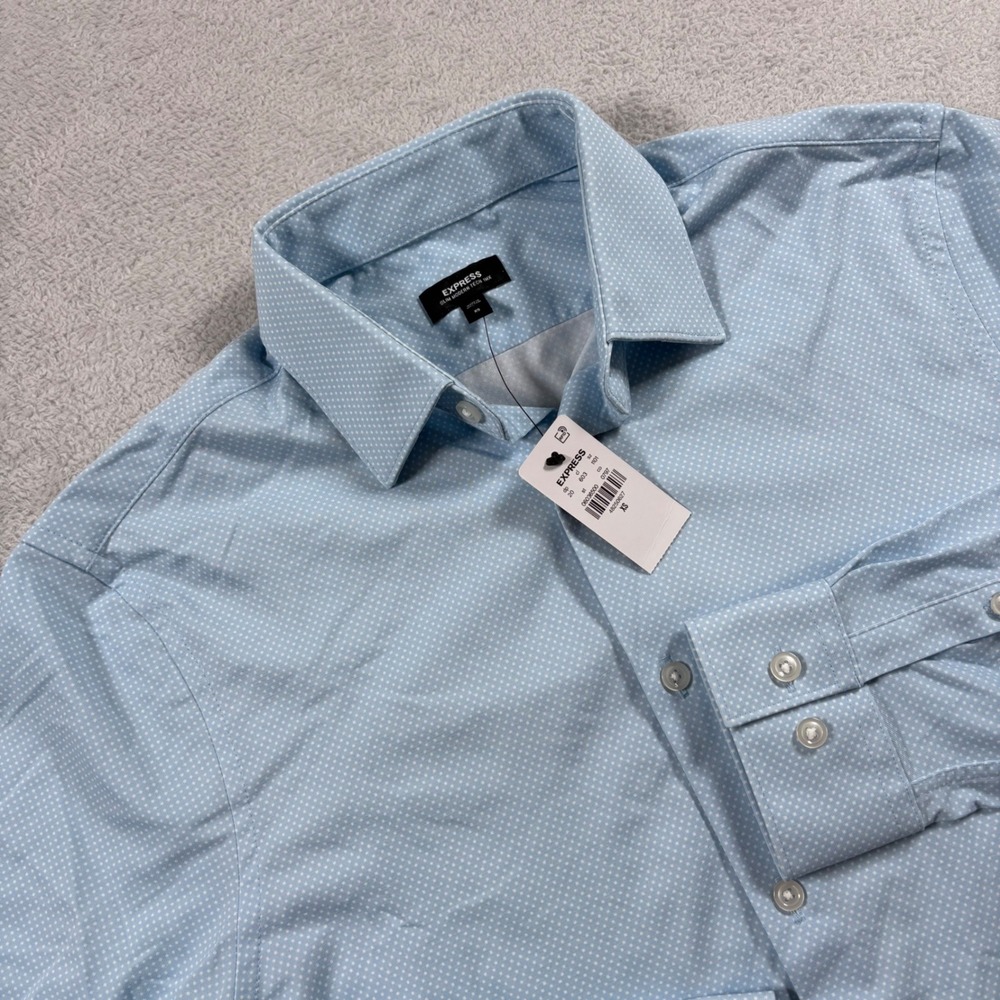 Express Slim Modern‎ Tech 1MX Mens Light Blue Micro Dot Button Down Shirt XS NEW